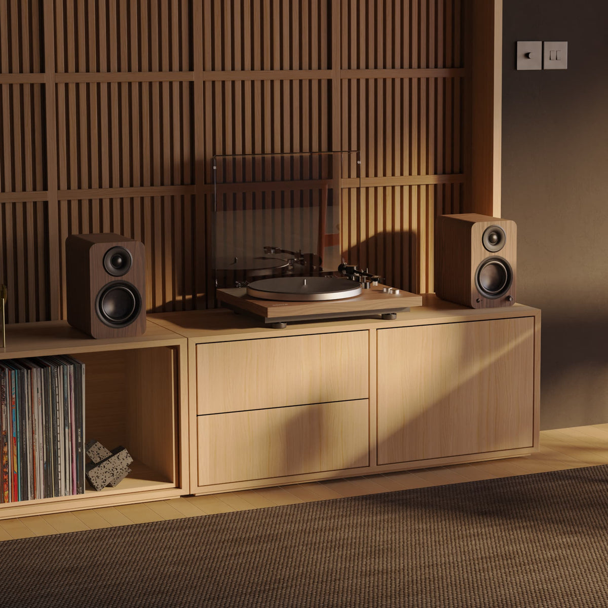 A light wood media console in a modern room setting, styled with a turntable, and two matching speakers on either side.