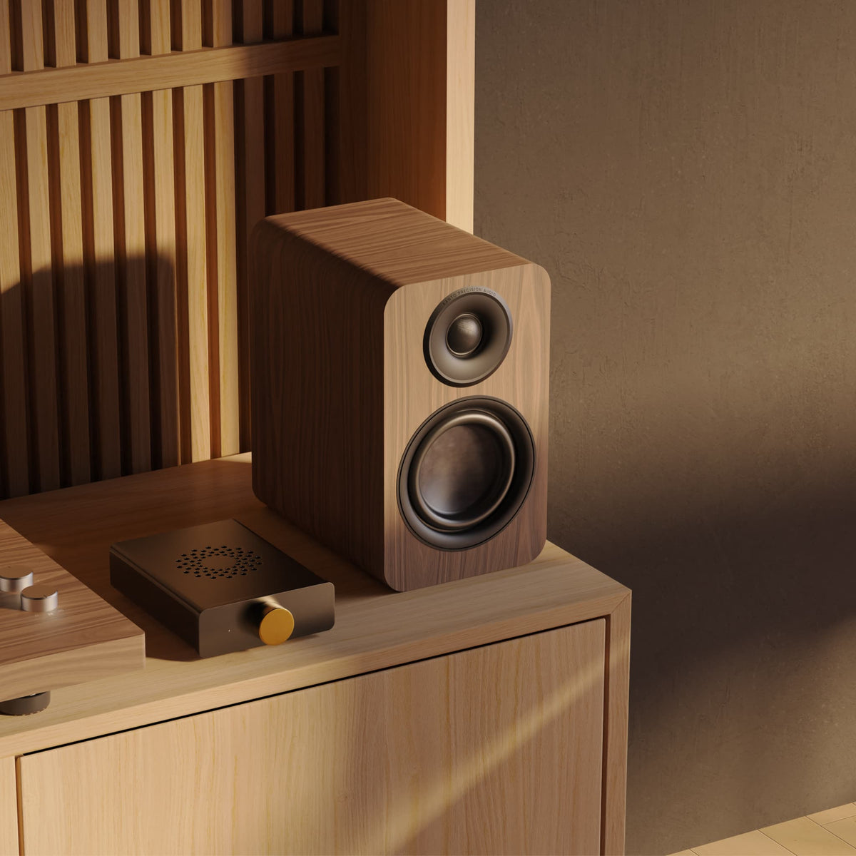 A wooden speaker cabinet with two circular drivers sits on a light wood cabinet in a warm, sunlit interior setting.